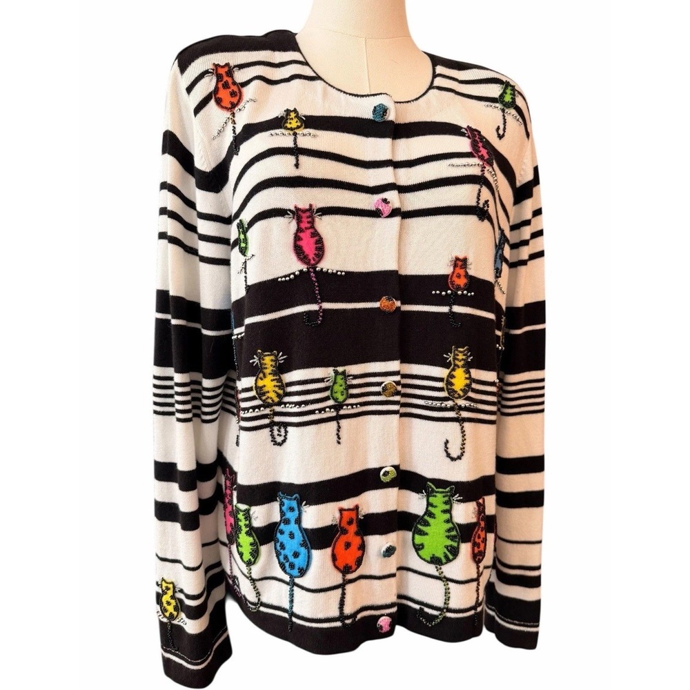 Berek Beaded Cat Cardigan Sweater M Striped Novelty Embellished Kitty Whimsical